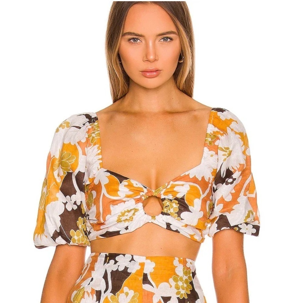 Faithfull The Brand La Marches Top Elvinna Floral Linen Crop Top Puff Sleeve 4